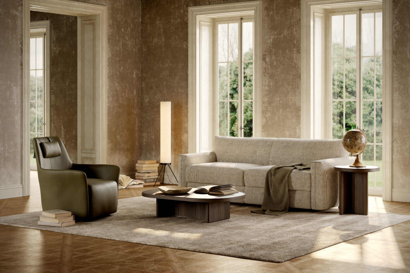 A well-furnished living room with a sofa bed, armchair, lamp, and table, creating a welcoming atmosphere like café core.