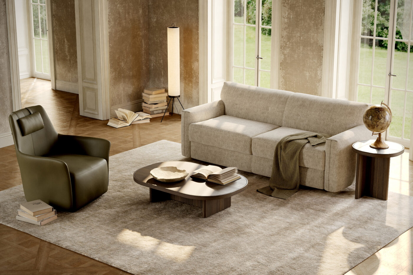 A warm living room scene with a sofa bed, chair, table, lamp, and a window showcasing outdoor views.