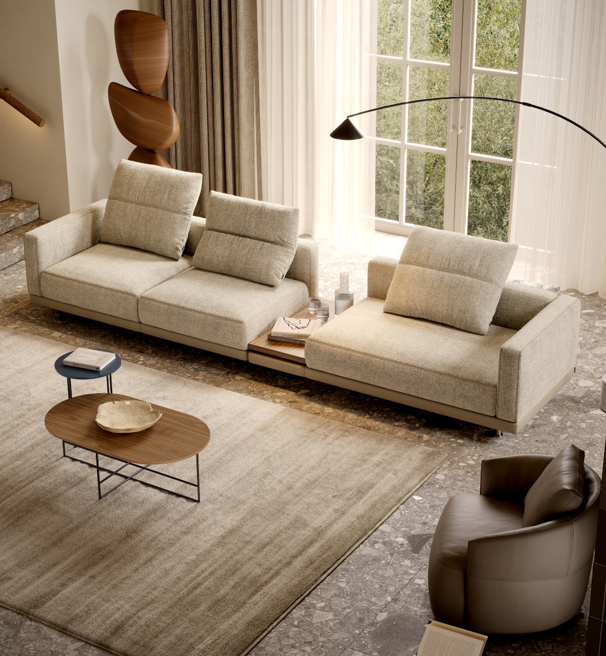 living room with laurent sofa and alie A bright living room with a comfortable sofa, a modern coffee table, and a lamp, perfect for relaxation and gatherings. Negative Space.