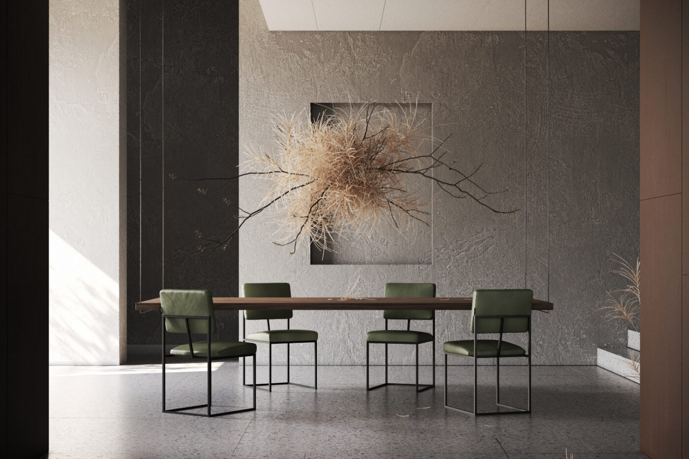 A bright dining room showcasing a table with four olive green chairs, creating a welcoming atmosphere for meals and gatherings. In a mediterranean design