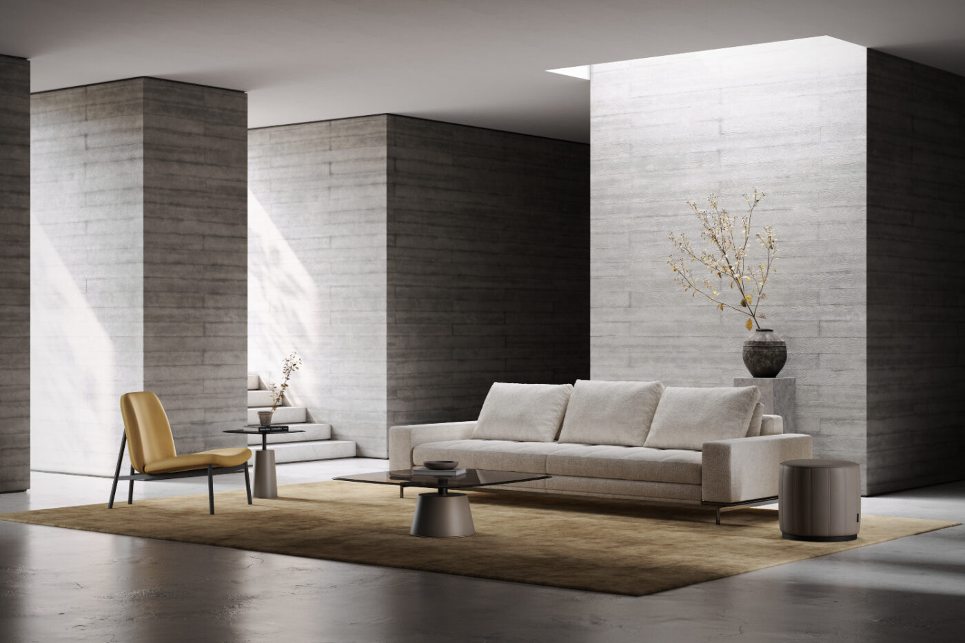 A modern living room featuring a stylish sofa, an armchair, and a coffee table arranged for comfort and relaxation. Natural design trend.