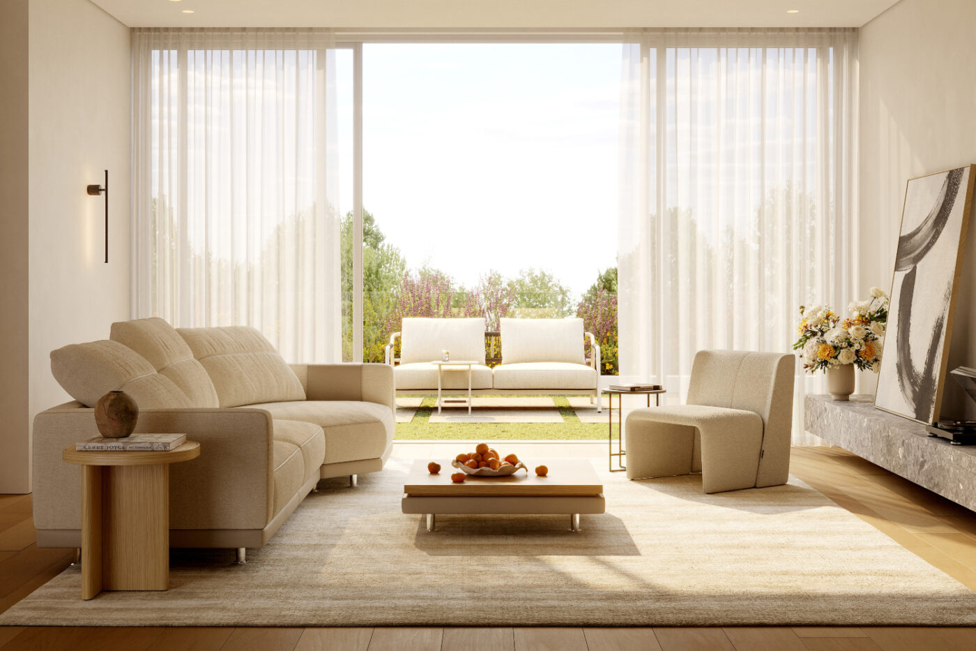 A bright living room with a comfortable modular sofa, a coffee table, and a window that offers a view outside and natural light.