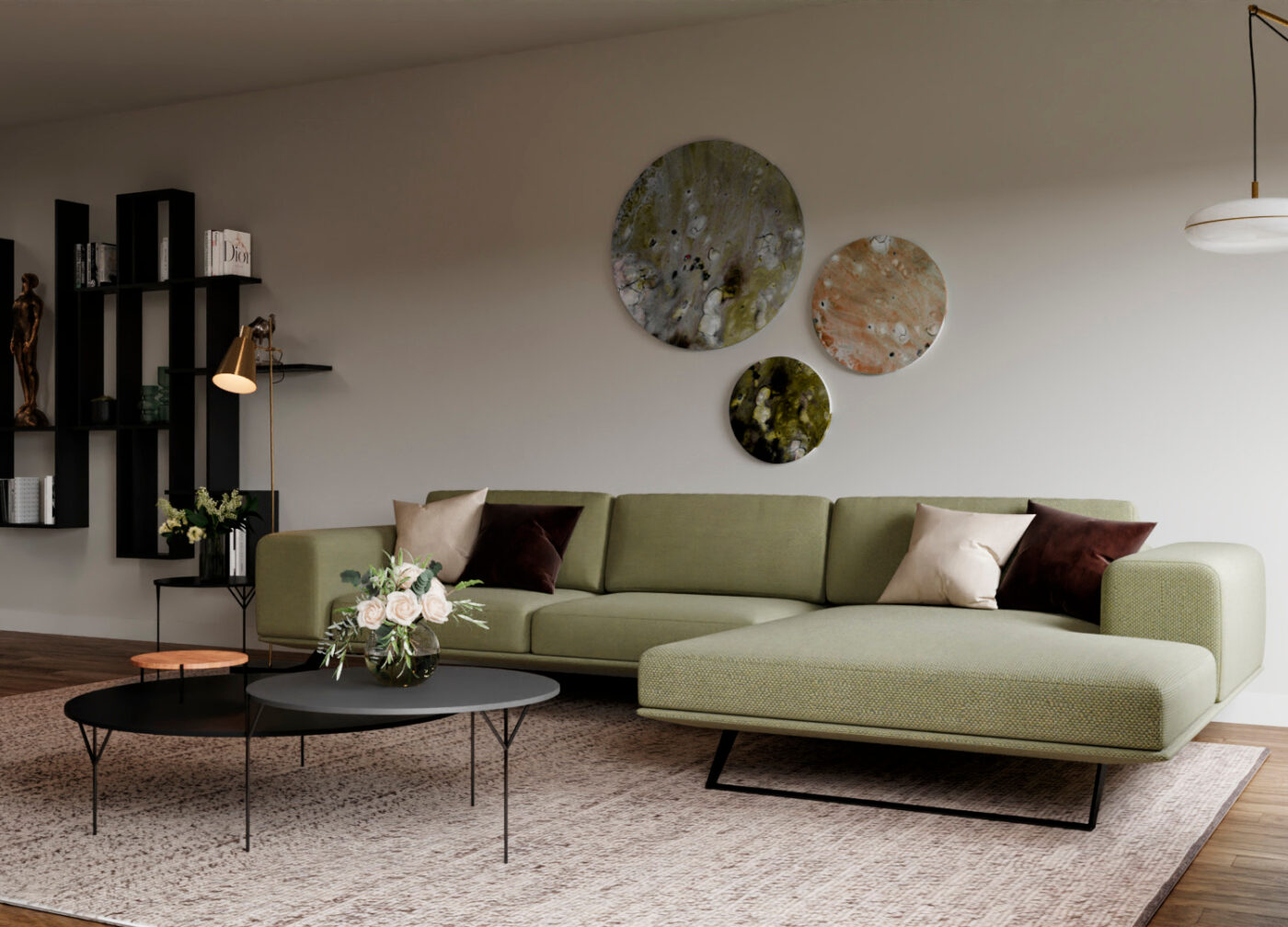 Stylish living room showcasing a green sofa paired with a minimalist coffee table. Project by Isabel Gómez Studio.