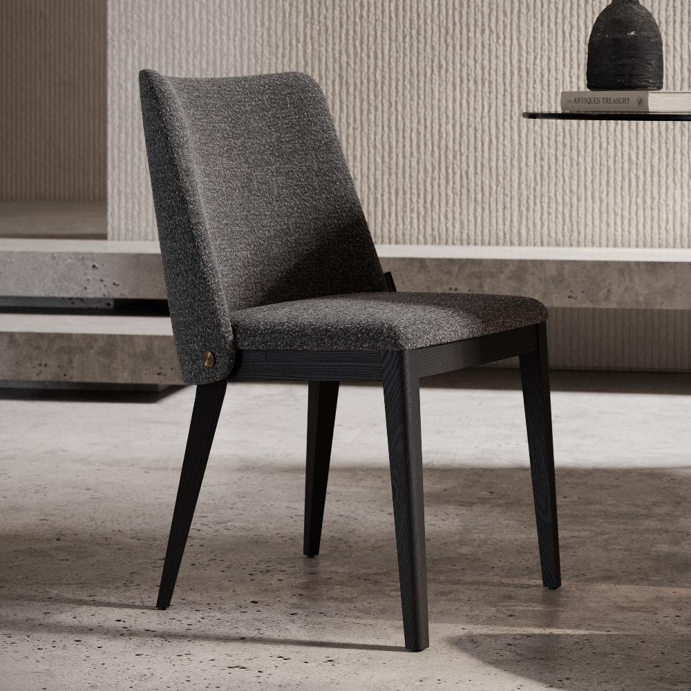 A contemporary chair with a black wooden frame and a soft gray upholstered seat, ideal for modern home offices.