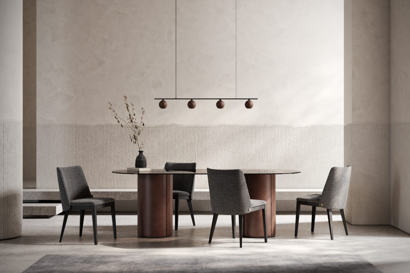 A well-set dining table with dining chairs and a decorative lamp providing warm light.