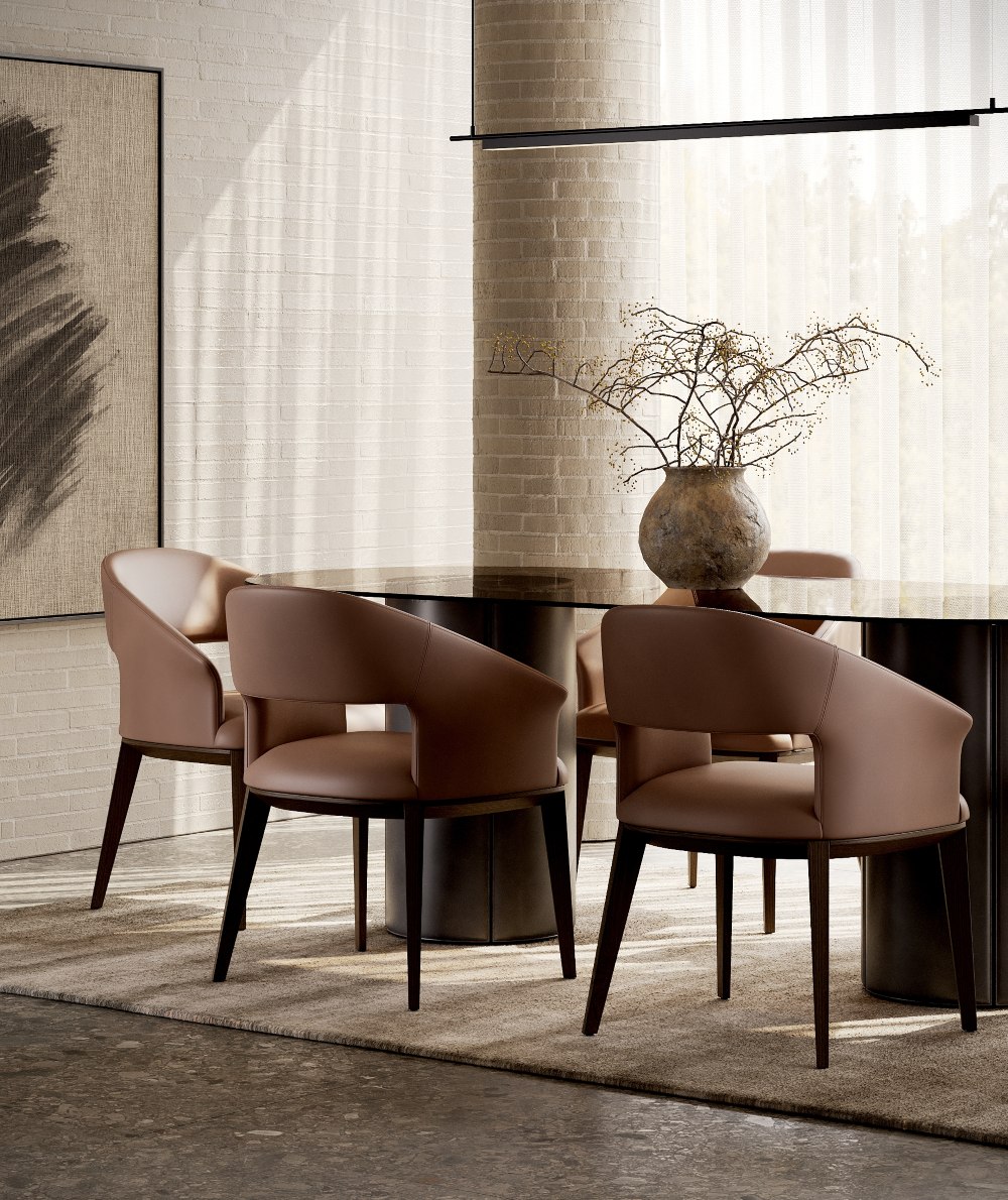 A contemporary dining room featuring a stylish table surrounded by elegant chairs, showcasing a modern aesthetic.