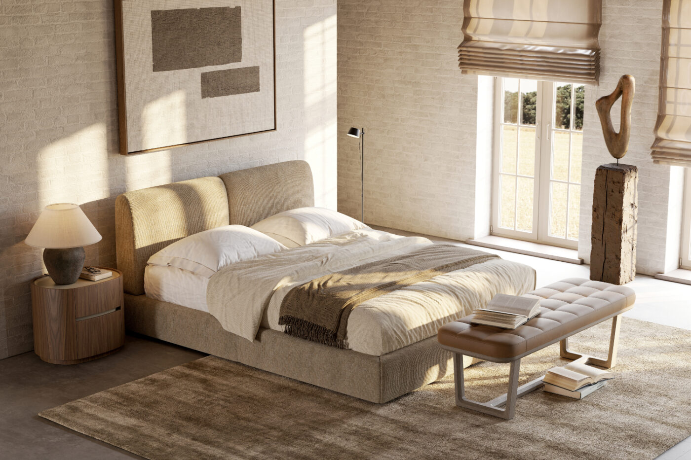 margot plus bed in a neutral tone and adeline bedside table in wood Well-furnished bedroom with an upholstered bed, a bench, a lamp, and a window that brightens the room with sunlight.