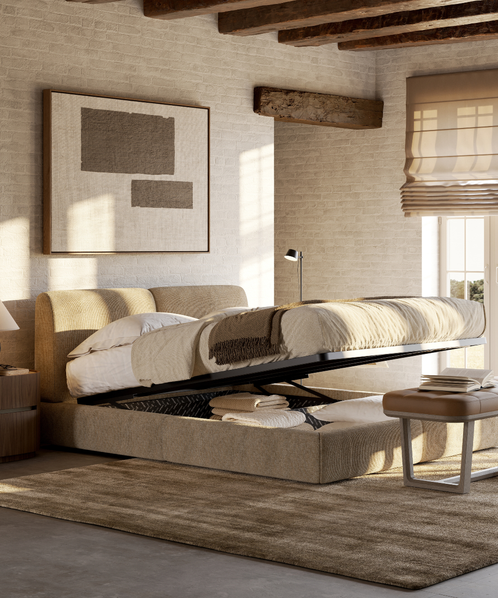 margot plus bed open in a bedroom space A spacious feng shui bedroom with a neatly arranged bed with storage and a bench, inviting comfort and relaxation.