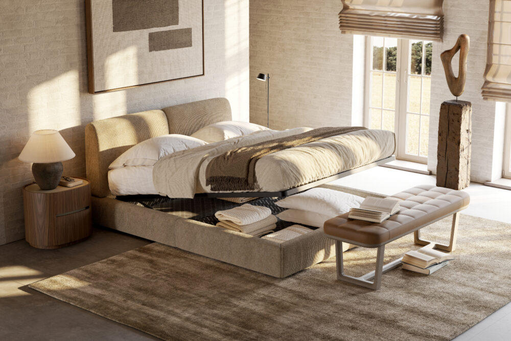 A comfortable bed with an integrated storage unit underneath, providing extra space for belongings in a bedroom design.