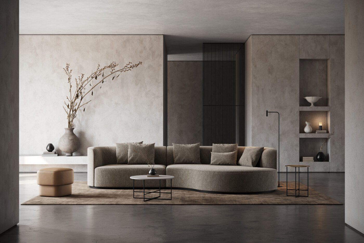 modern design and domkapa A modern living room featuring a spacious, curved sofa and stylish decor.