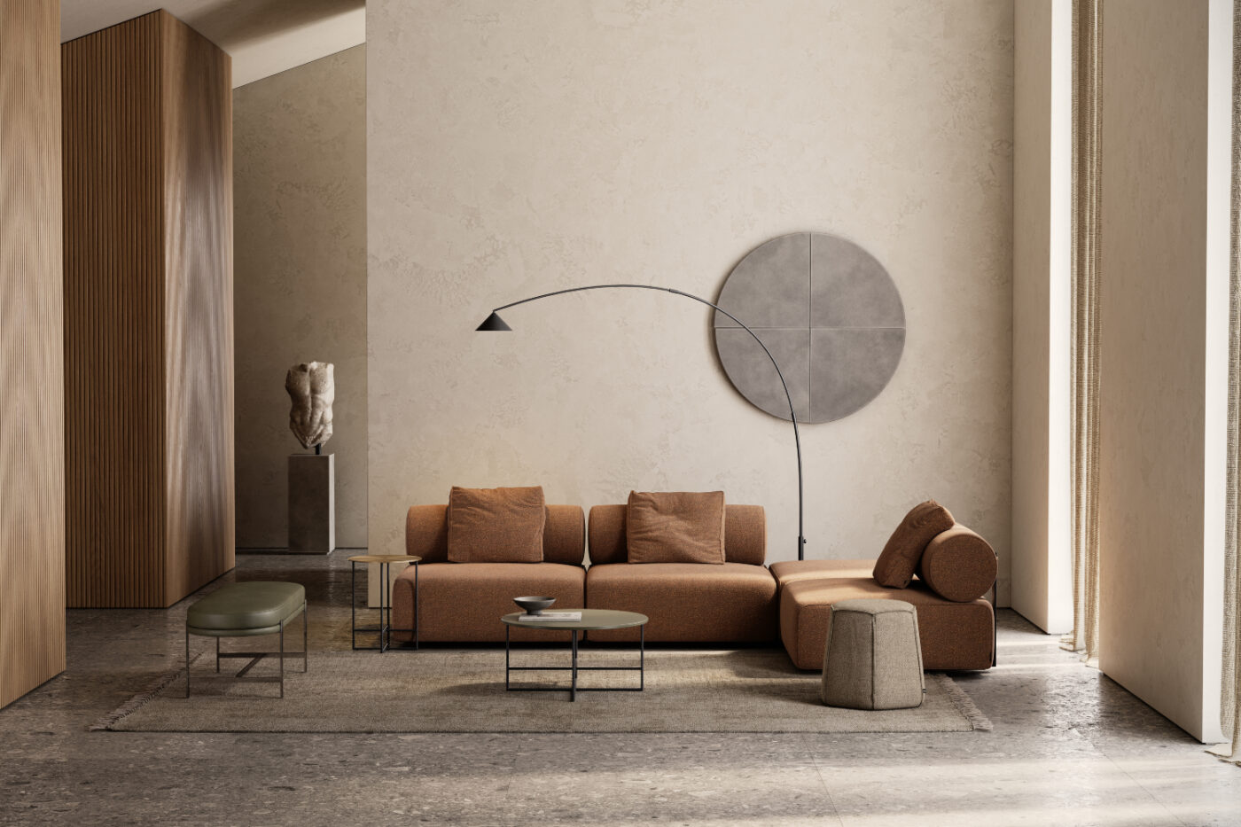 modern living room with shinto modular sofa and colbert bench and angles pouf