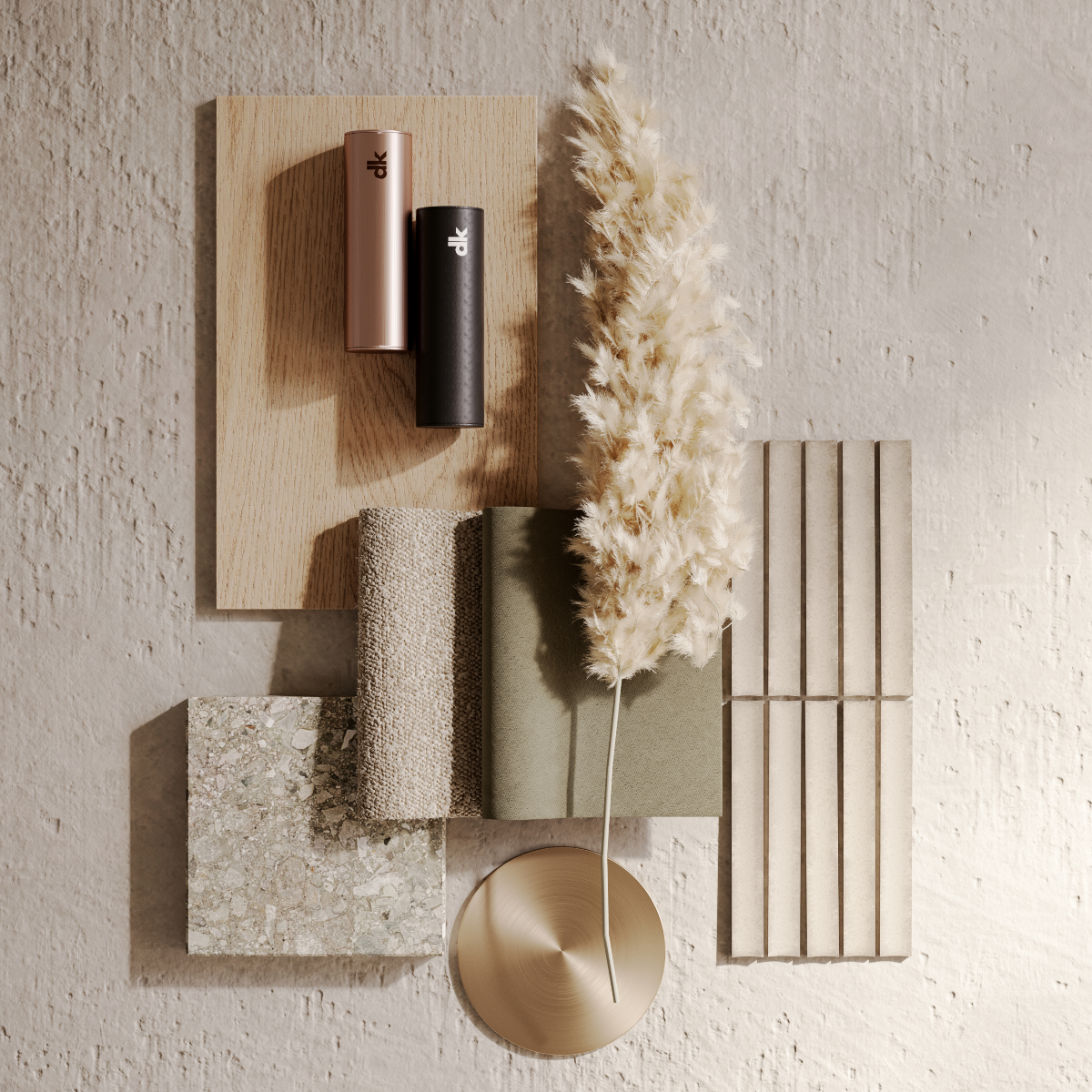 moodboard by domkapa A mood board, a sheet of paper, and dried grass are displayed together, highlighting a minimalist and organic aesthetic. Furniture colours and fabrics and metals. trendy or timeless