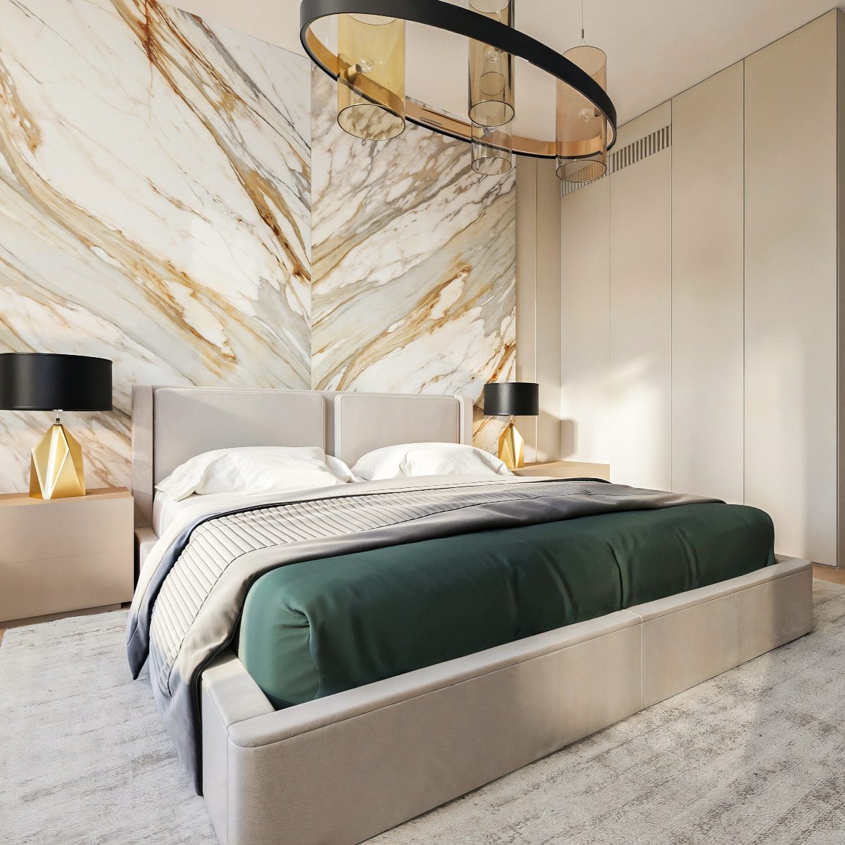 Design Stories: modern bedroom design with polished marble walls and a cosy bed, emphasising a chic and upscale aesthetic.