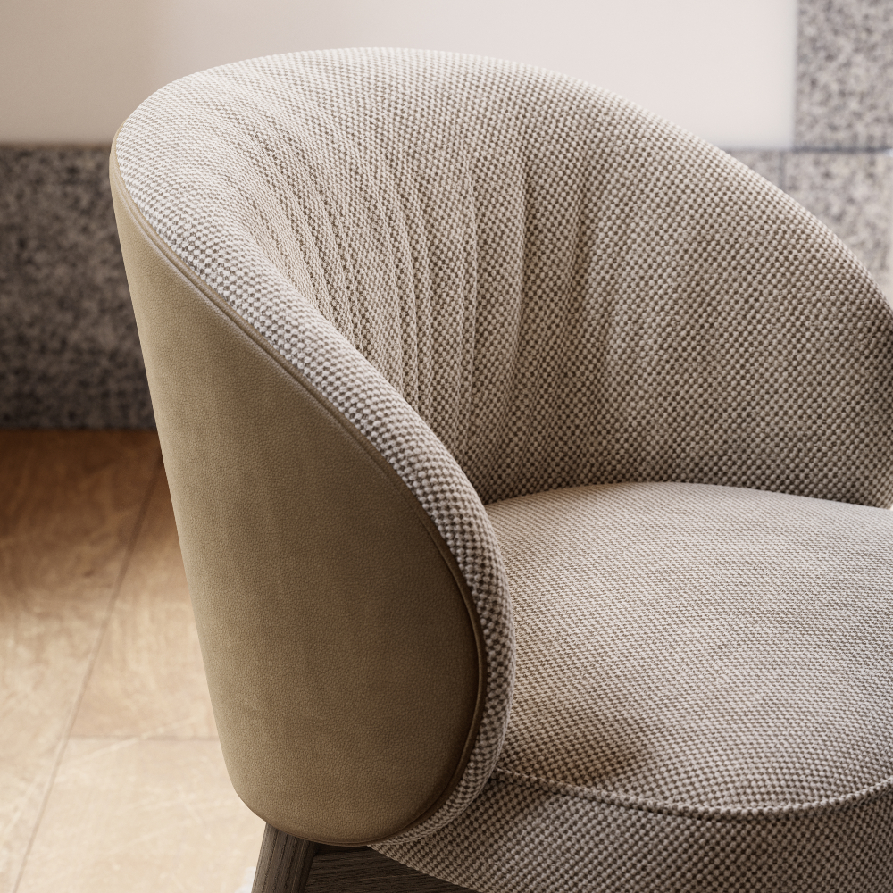 A chair with a beige fabric seat and sturdy wooden legs, perfect for a home office.