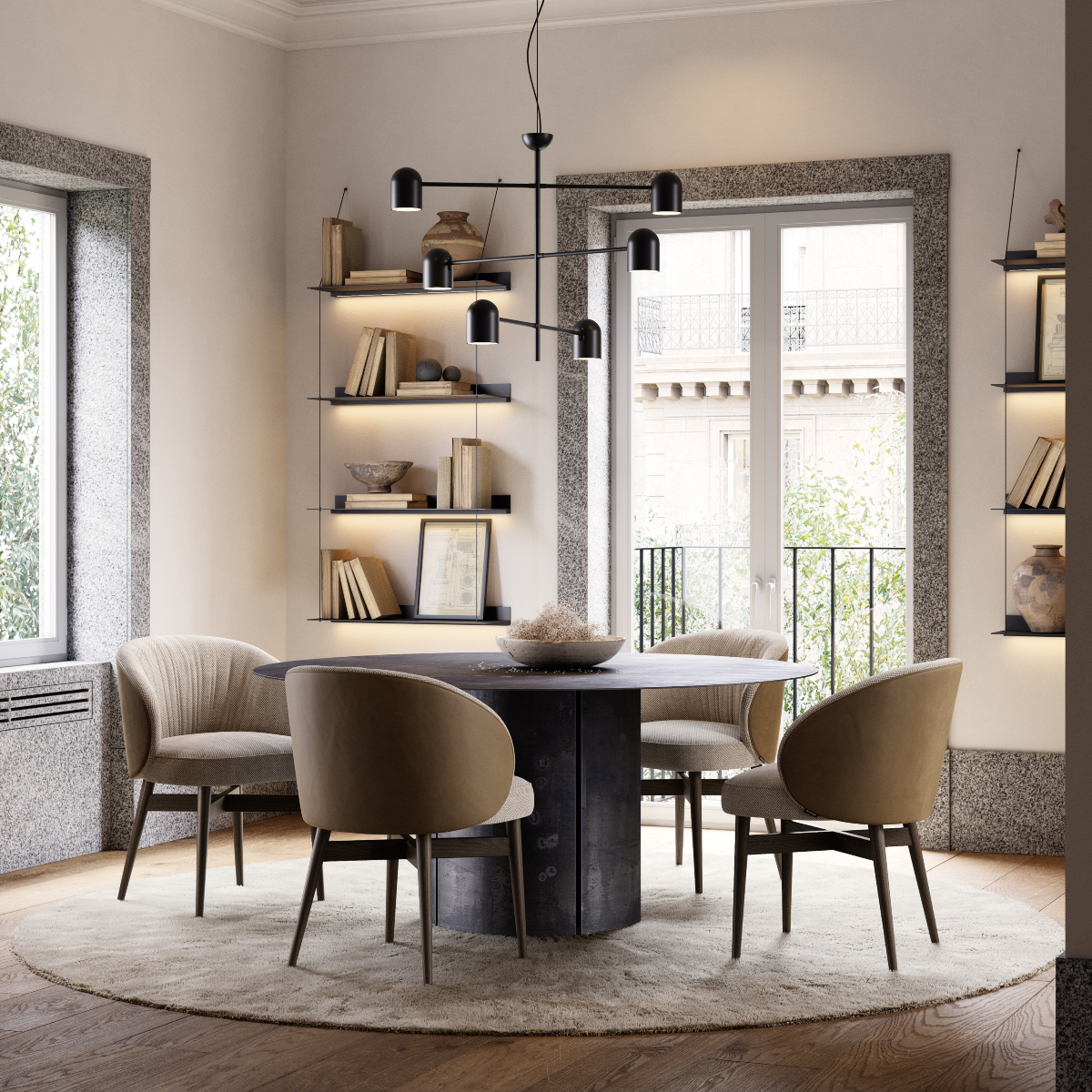 Contemporary dining room with a round table and elegant dining chairs arranged around it. The dining chairs have contrasting fabrics on the seat and back. Trendy or timeless