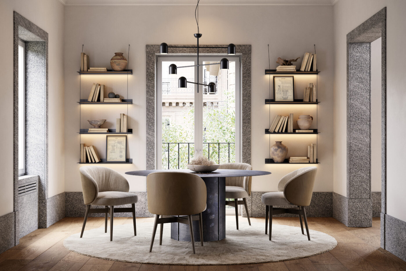 A well-furnished dining room showcasing a round table and four dining chairs, designed for comfortable dining experiences.