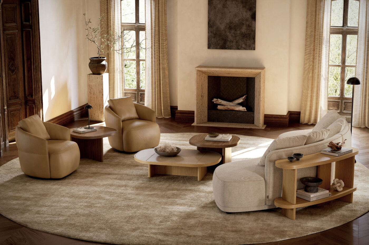 A modern living room showcasing a fireplace and a round rug, enhancing the space's warmth and charm. With a curved modular sofa and leather armchairs. Highlighing curved lines.