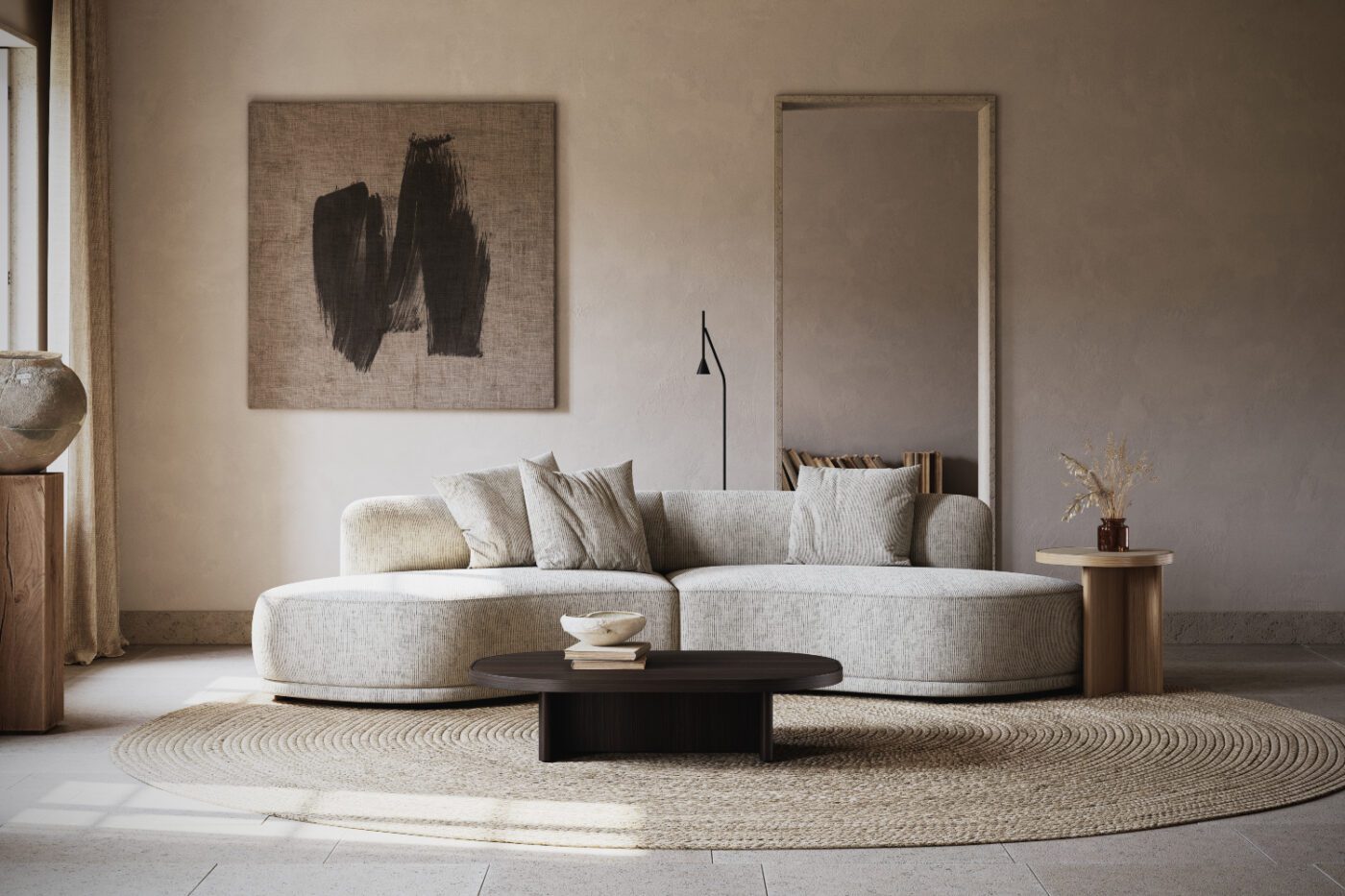 olivia sofa and minimalism A minimalist living room showcasing a large area rug and a plush modular sofa, perfect for lounging and entertaining guests.