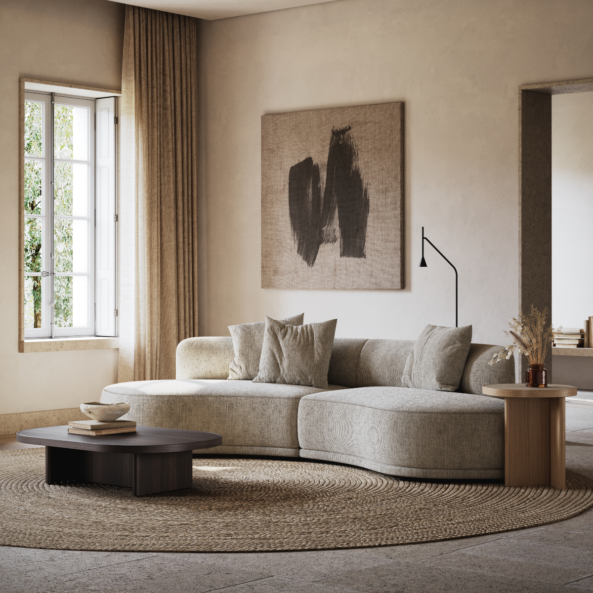 Inviting living room showcasing a big curved sofa and a patterned rug on the hardwood floor. Trendy or timeless