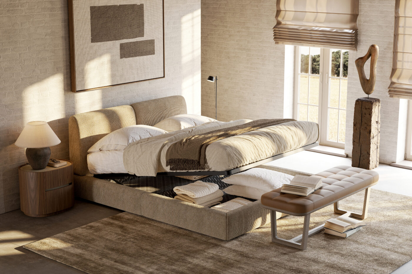 A bed featuring a built-in storage unit beneath, ideal for maximising space and keeping items neatly stored. Bedroom essentials