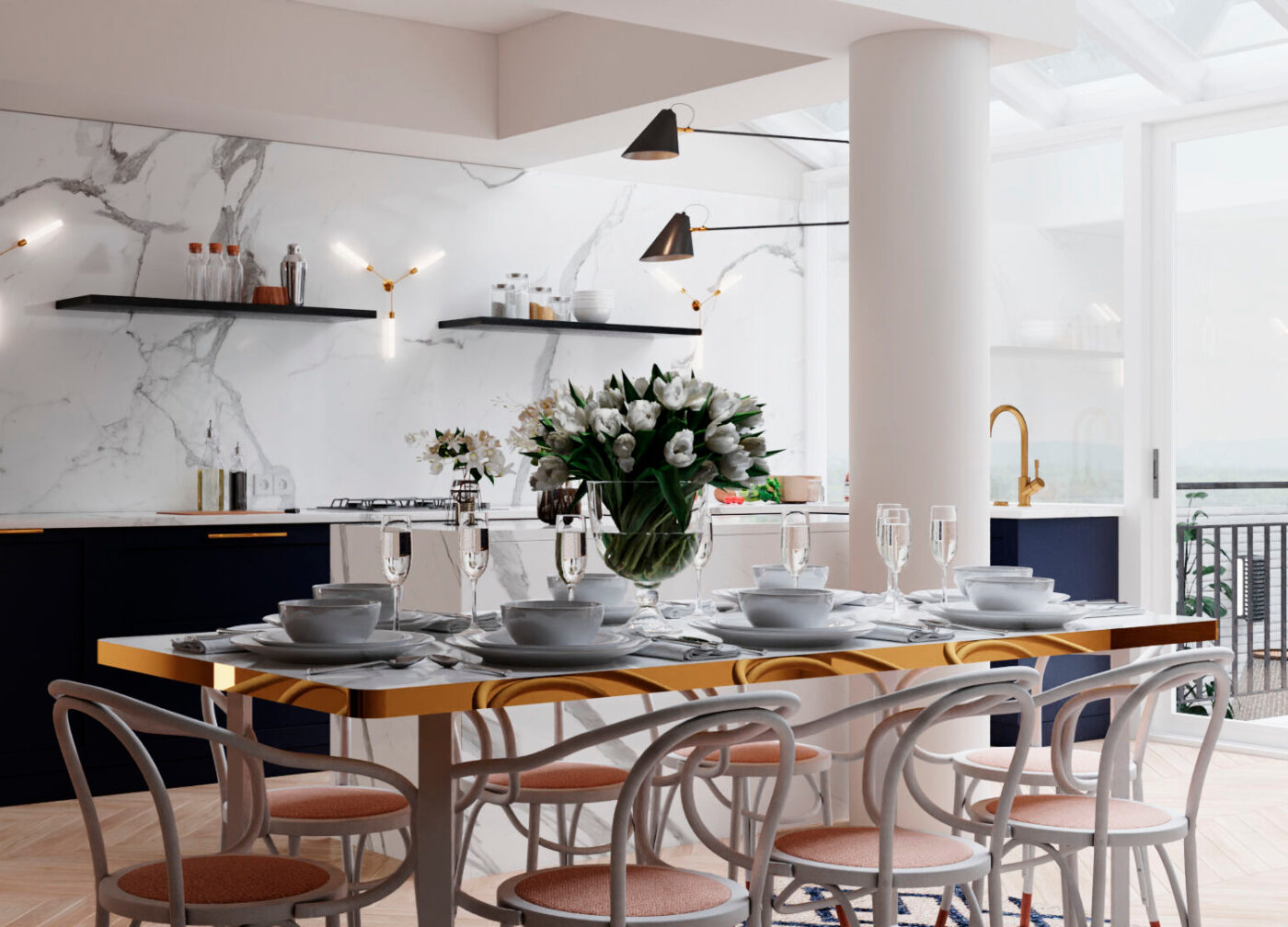 A modern kitchen featuring elegant white marble countertops and stylish blue cabinets, creating a fresh and inviting atmosphere.