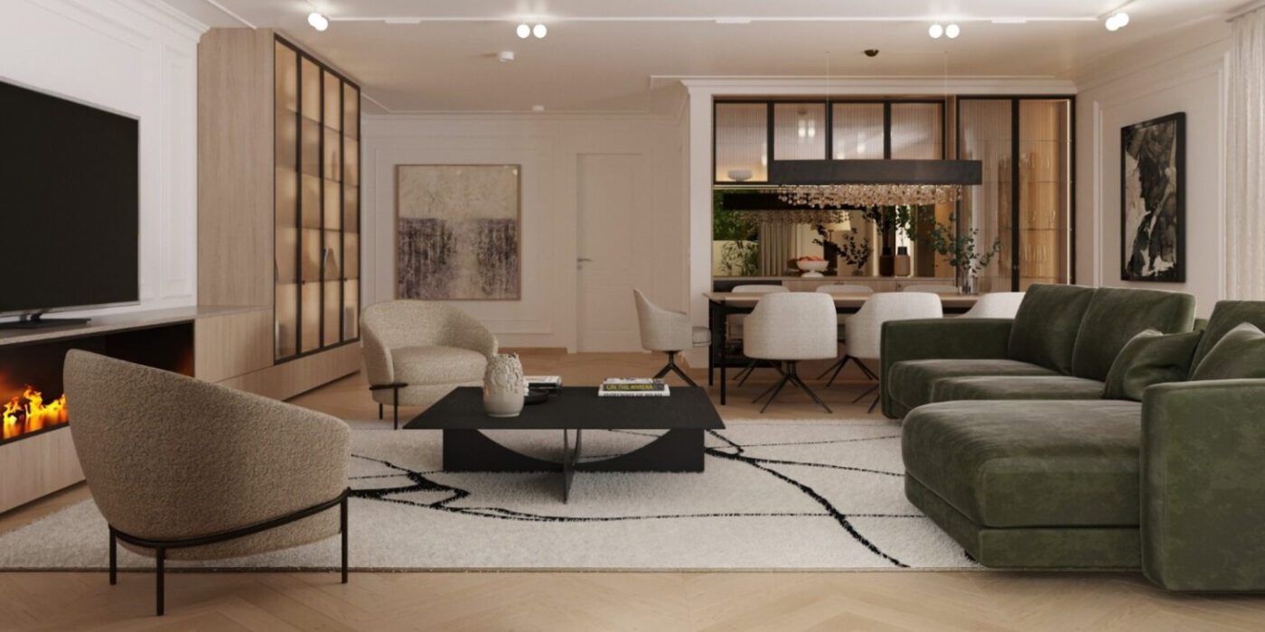 project by Anastasia Reicher A modern living room featuring a cosy fireplace and a stylish sofa, creating a warm and inviting atmosphere.