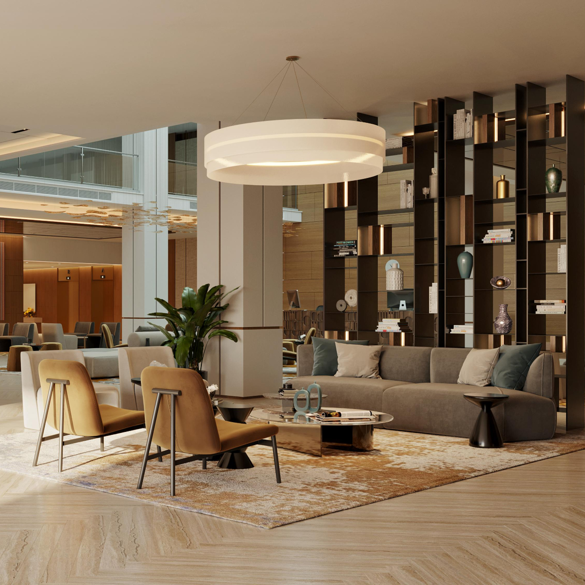 A modern commercial design featuring a spacious bookcase filled with books and decorative items, a modular sofa and two armchairs.