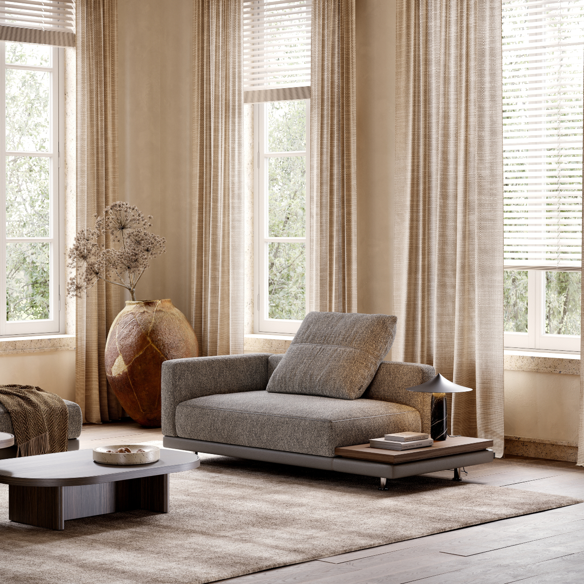A living room scene with a comfortable modular sofa, a coffee table, and a bright window illuminating the space. Café core