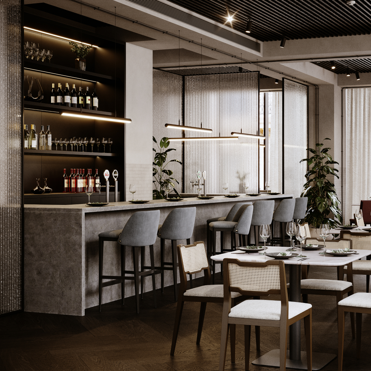 Contemporary restaurant space showcasing a well-designed bar area with comfortable seating for guests.