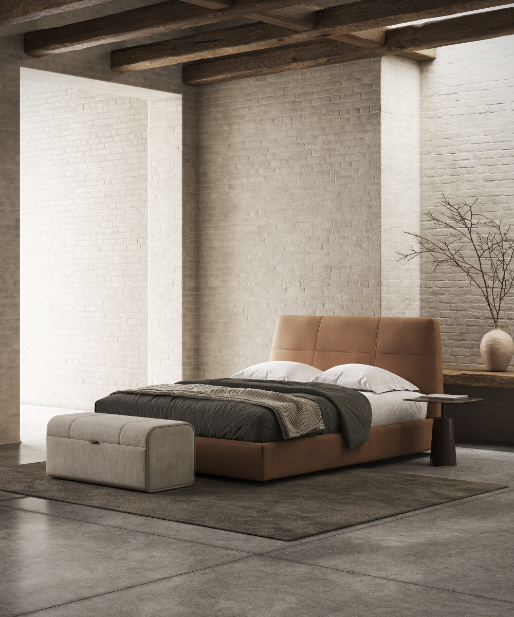 shelby bed nad adley pouf bedroom A neatly made bed set against a textured brick wall, creating a stylish room ambiance. Feng shui bedroom