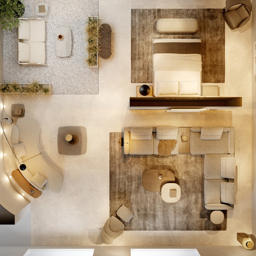 A 3D perspective of a home featuring stylish furniture and a warm, inviting atmosphere.