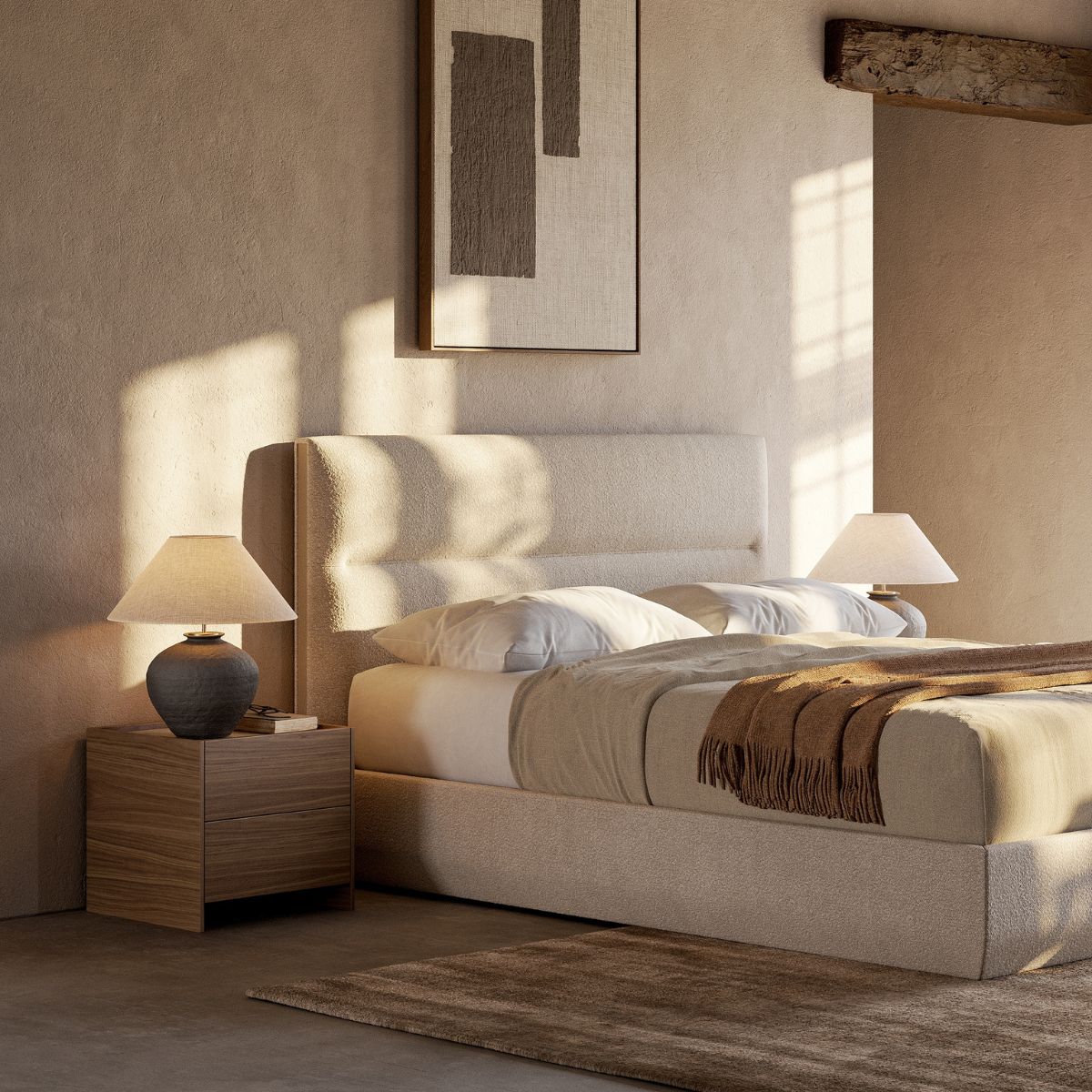 summer bedroom trends 2026 by domkapa (1) The comfortable Francis Modular Bed with pillows in a softly lit room, showcasing a warm atmosphere. Paired with Francis Bedside Table.