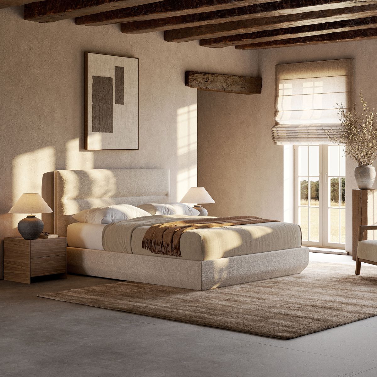 summer bedroom trends 2026 by domkapa (2) A well-furnished summer bedroom showcasing a bed, a comfortable armchair, a lamp, and a stylish rug.