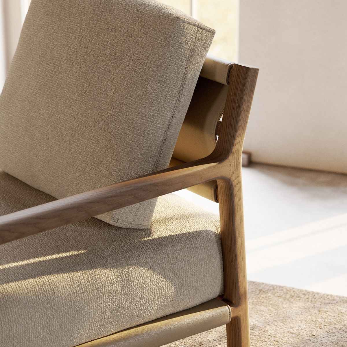summer bedroom trends 2026 by domkapa (3) A wooden-framed armchair featuring a tan cushion, designed for comfort and style. Summer Bedroom trends