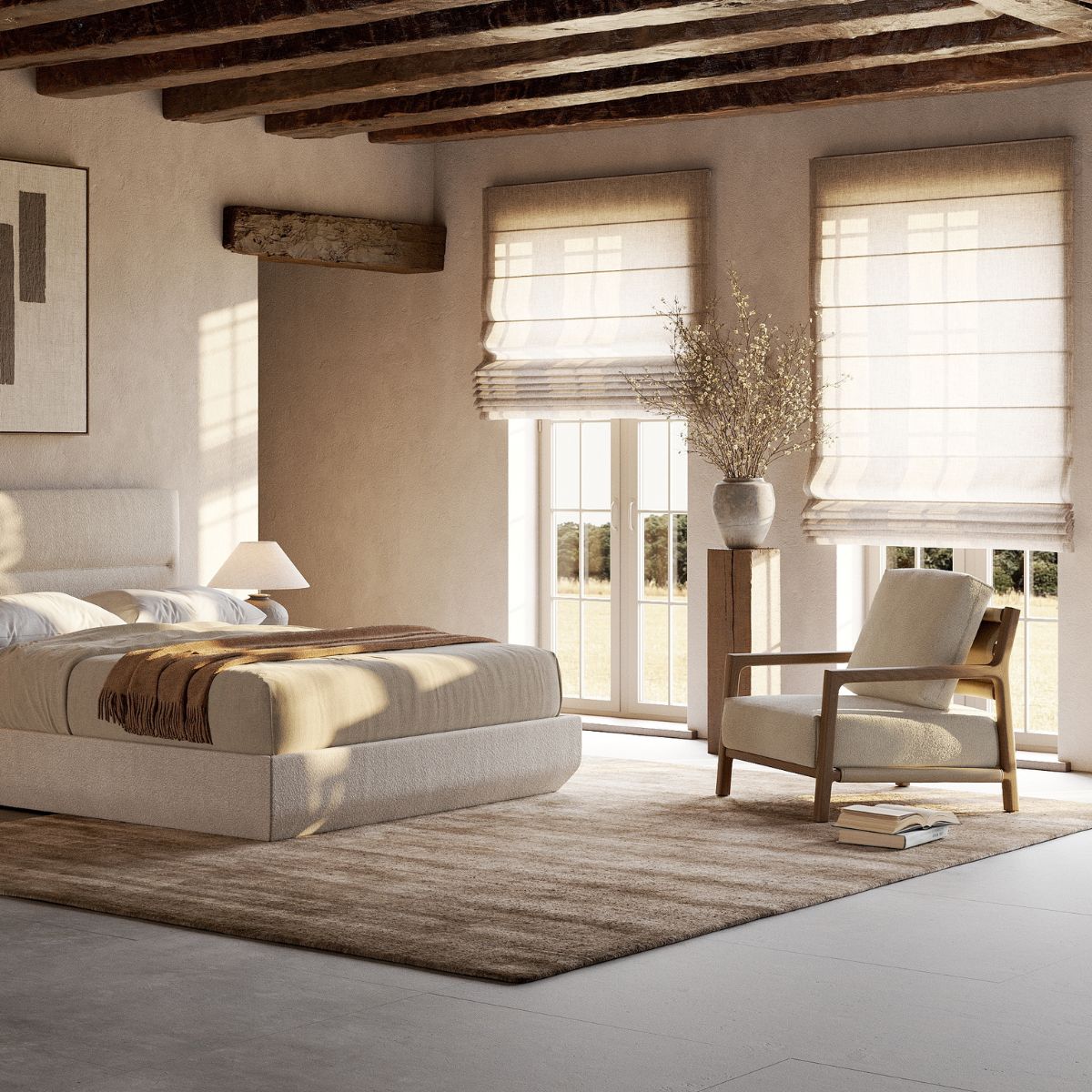 summer bedroom trends 2026 by domkapa (4) A well-furnished bedroom showcasing a bed, an armchair, and a lamp, creating a warm and inviting atmosphere.