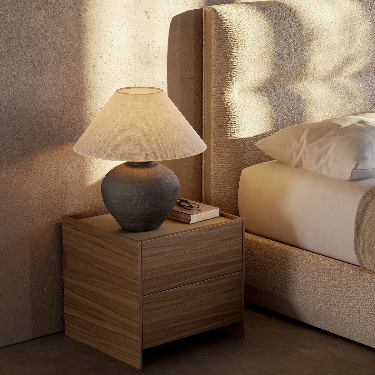 summer bedroom trends 2026 by domkapa (6) A modern bedside lamp paired with a nightstand, enhancing the decor of a serene sleeping space.