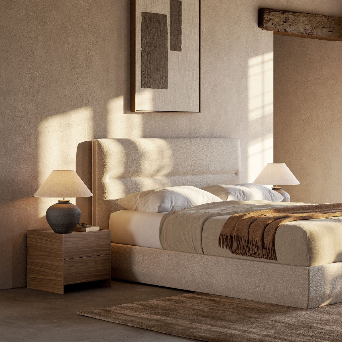 summer bedroom trends 2026 by domkapa (7) A comfortable bed with colorful pillows in a softly lit room, showcasing a warm atmosphere.
