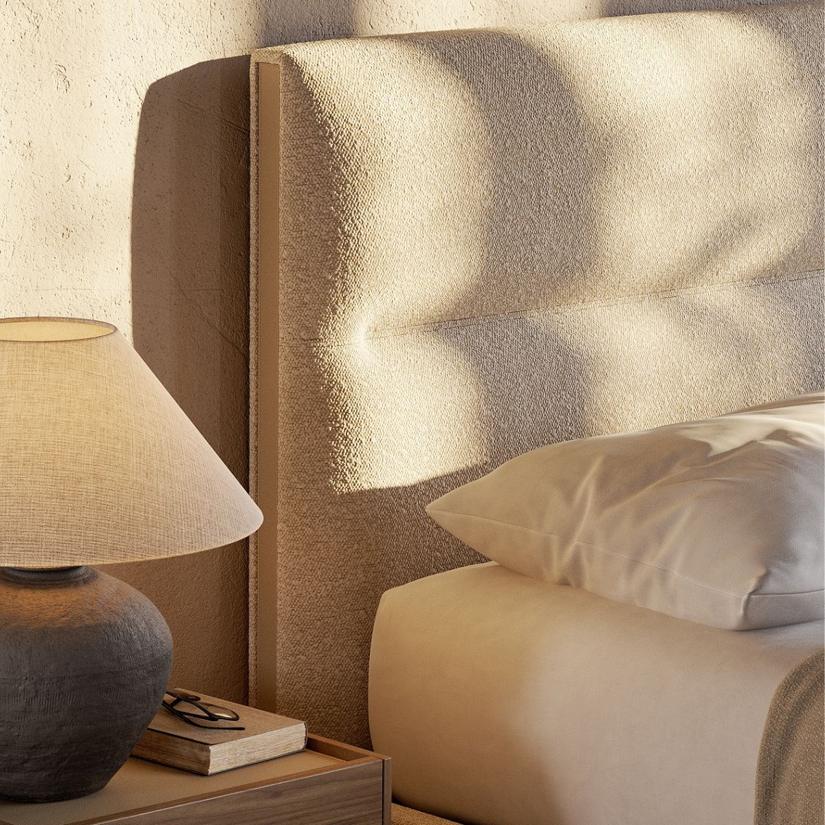 summer bedroom trends 2026 by domkapa (8) A bedside table adorned with a lamp, providing illumination and enhancing the room's decor.