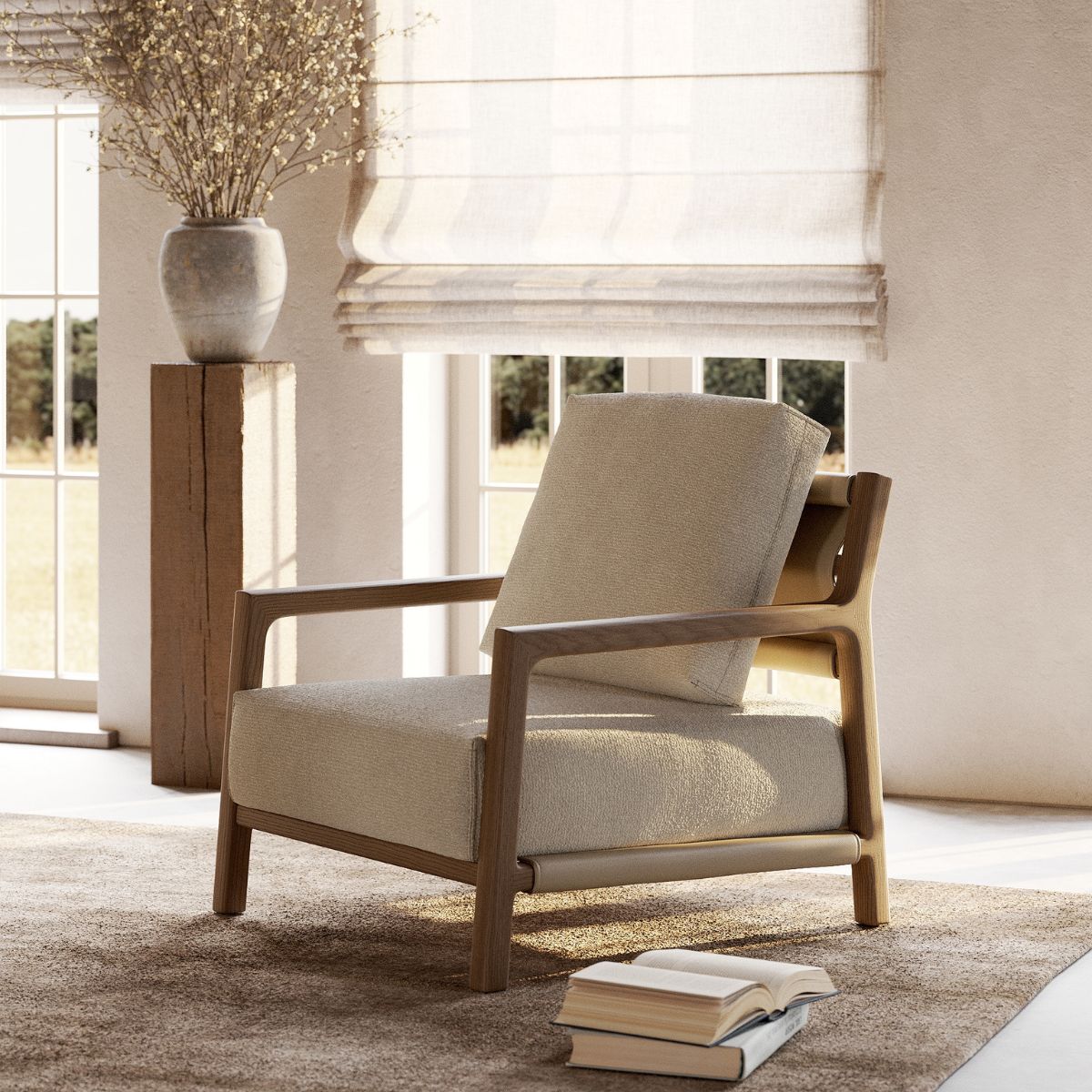 summer bedroom trends 2026 by domkapa Alton armchair by Domkapa located in a sunlit room, adjacent to a window and a collection of books on a shelf. Summer bedroom trends.