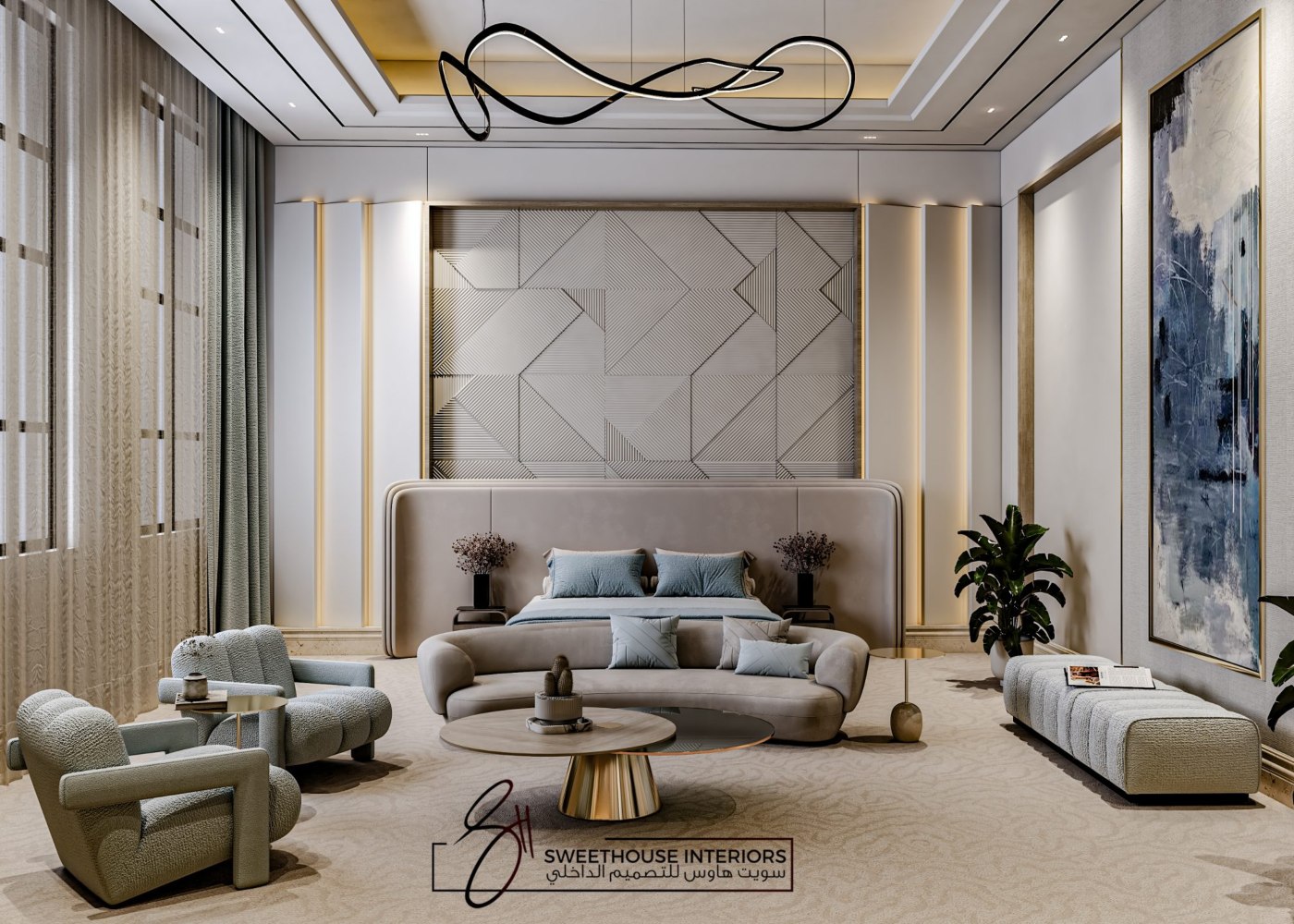 A modern bedroom design with a generous bed and a large artwork, contributing to a contemporary and inviting environment. By Sweethouse Interiors, an interior design firm from middle east.