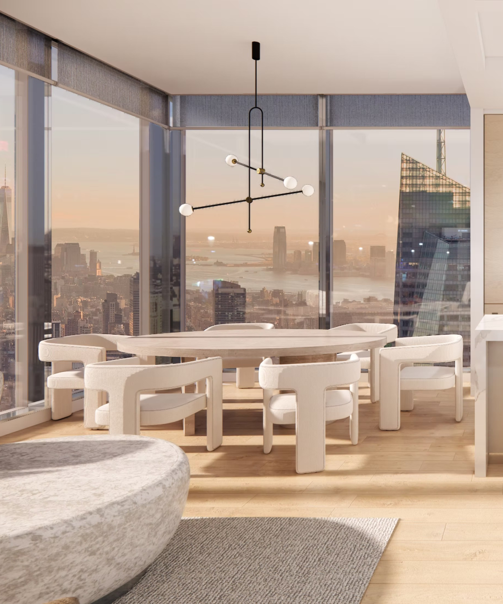 the designers group project Contemporary kitchen design with city skyline visible through expansive windows, showcasing urban living. By The Designers Group