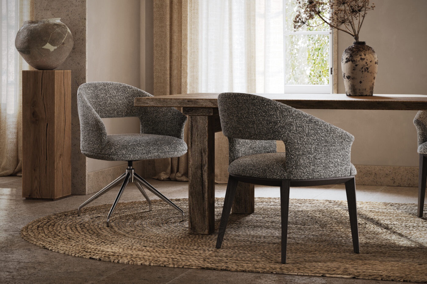 A dining room featuring a wooden table surrounded by four chairs, with soft lighting creating a warm atmosphere. The chairs are custom-made furniture.