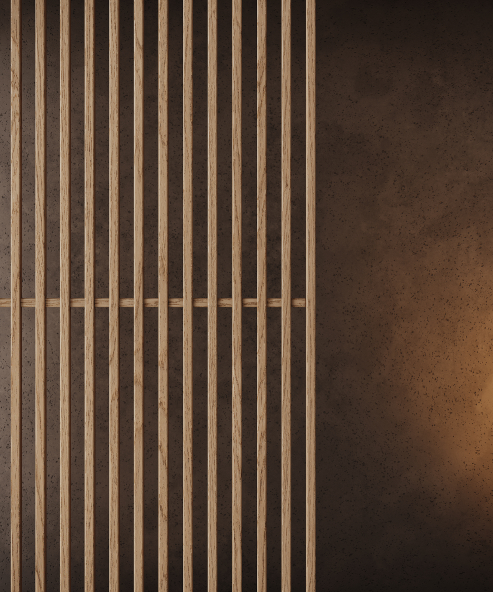 A wooden wall illuminated by a light, with wooden lines visible alongside it.