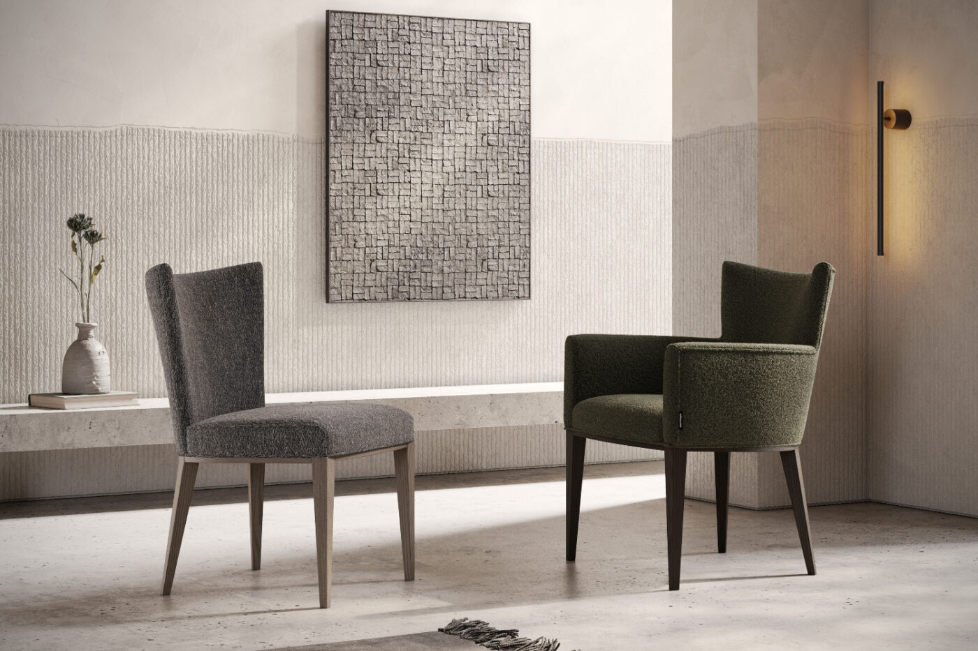 Two dining chairs positioned in a room featuring a colourful painting on the wall.
