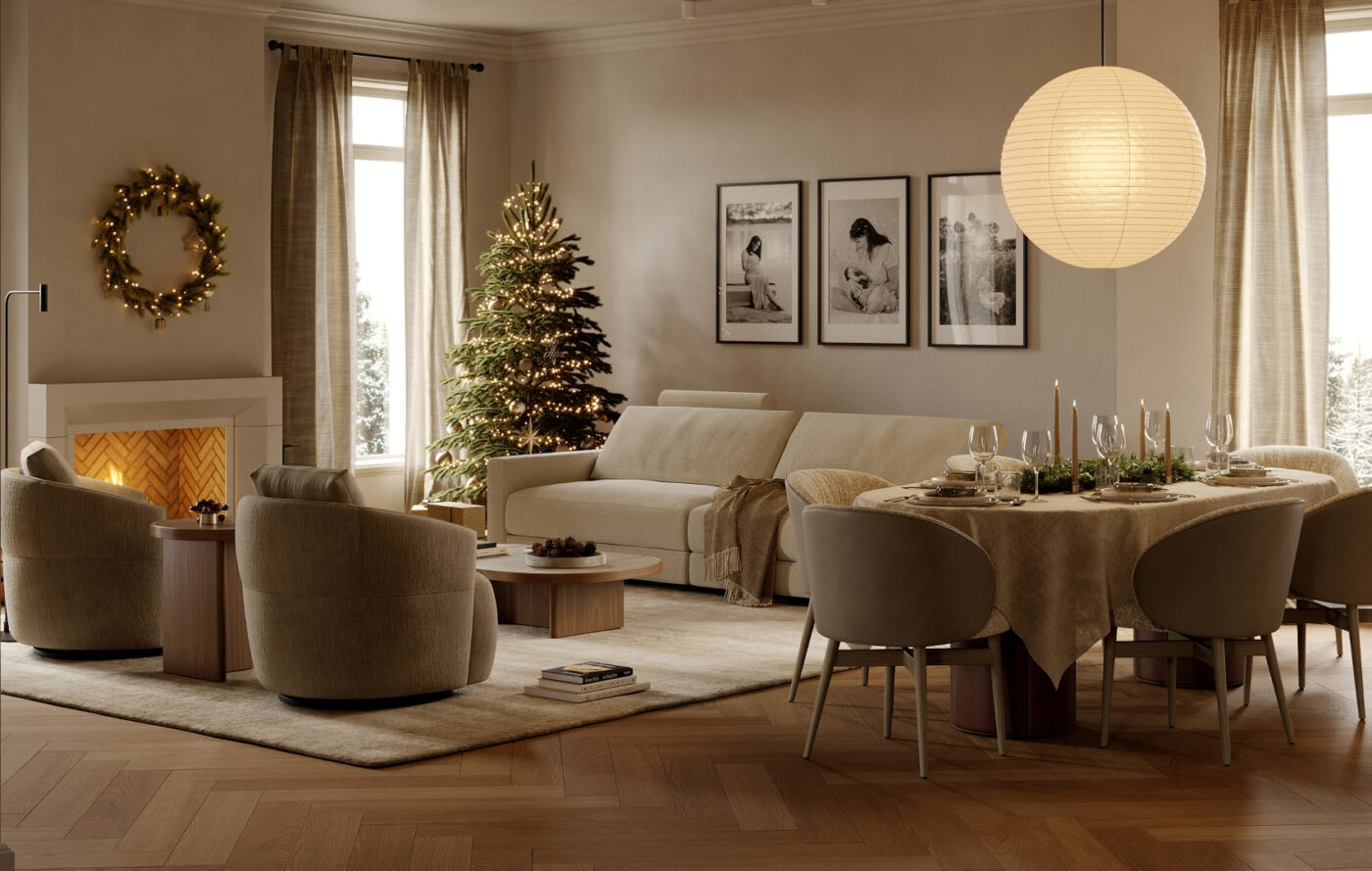 winter living and dining room by domkapa A bright living room showcasing a central table with four chairs, complemented by warm decor and an inviting ambiance. With a living room with a modular sofa and two brown armchairs.